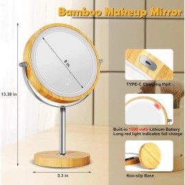 Slimoon 8" Lighted Double Bamboo Makeup Mirror, 1X/10X Magnifying Vanity Mirror