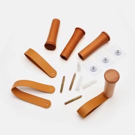 Adhesive Wall Hooks 6Pack Wood Hat Hooks Coat Rack Wall Mounted Extended Wooden Pegs for Hanging Keys, Cups, Baseball Caps, Pictures, Hat Hangers Rack with Leather (6Pack, Cherry-8cm)