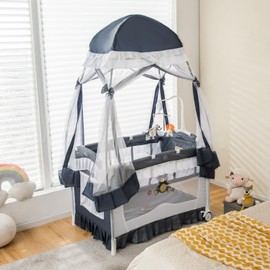 HONEY JOY 4-in-1 Pack and Play with Canopy, Portable Baby Playard w/Changing Table and Infant Bassinet Cute Toys & Music, Foldable Bassinet for Newborn and Toddler(Gray)