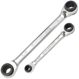 CROM 4-in-1 Reversible Ratcheting Wrench Set - 2 Piece, SAE, Double Box End Ratcheting Speed Wrench Set, 5/16”, 3/8”, 7/16”, 1/2", 9/16”, 5/8”, 11/16”, 3/4”, CR-V Steel, Mirror Polished (SAE 2 Piece)