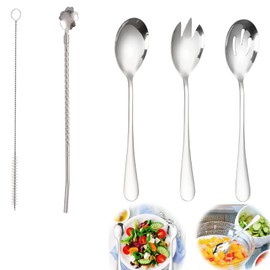 Cutlery Set, 4-Piece Stainless Steel Cutlery Set, Salad Servers,Serving Spoon and Fork Set,Slotted Spoon，Reusable Straw and Special Cleaning Brushes,for Home and Restaurant, Silver,Dishwasher Safe