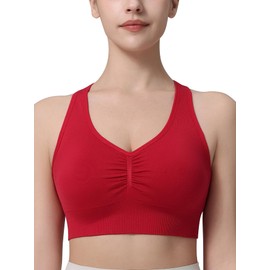 Ruched Sports Bra for Women Racerback V-Neck Workout Bras Padded Seamless Longline Yoga Bra Rose Red