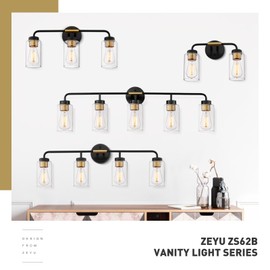 zeyu 2-Light Modern Vanity Lighting Fixture, 14 Inch Black and Gold Bathroom Light Fixture with Clear Glass Shade, ZS62B-2W BK+BG