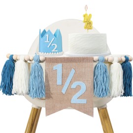 1/2 Birthday Boy Half Birthday Decorations High Chair Banner, Tassel Wood Bead Highchair Garland Blue