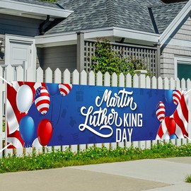 Printspree Martin Luther King Day Banner - 98x19 Inch MLK Day Large Celebration Decoration Sign with Balloons and American Flags for Martin Luther King Day Events Community Celebrations Gatherings