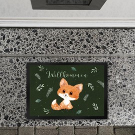 speecheese Baby Fox Doormat in Green 35 x 50 cm with Saying Welcome A Decorative Door Mat for the Christmas Season Christmas Forest Saying Doormat