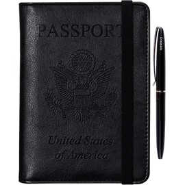 Passport Holder Cover Wallet - Rfid Blocking Leather Travel Accessories Card Case Document Organizer with Pen for Women Men(Black)
