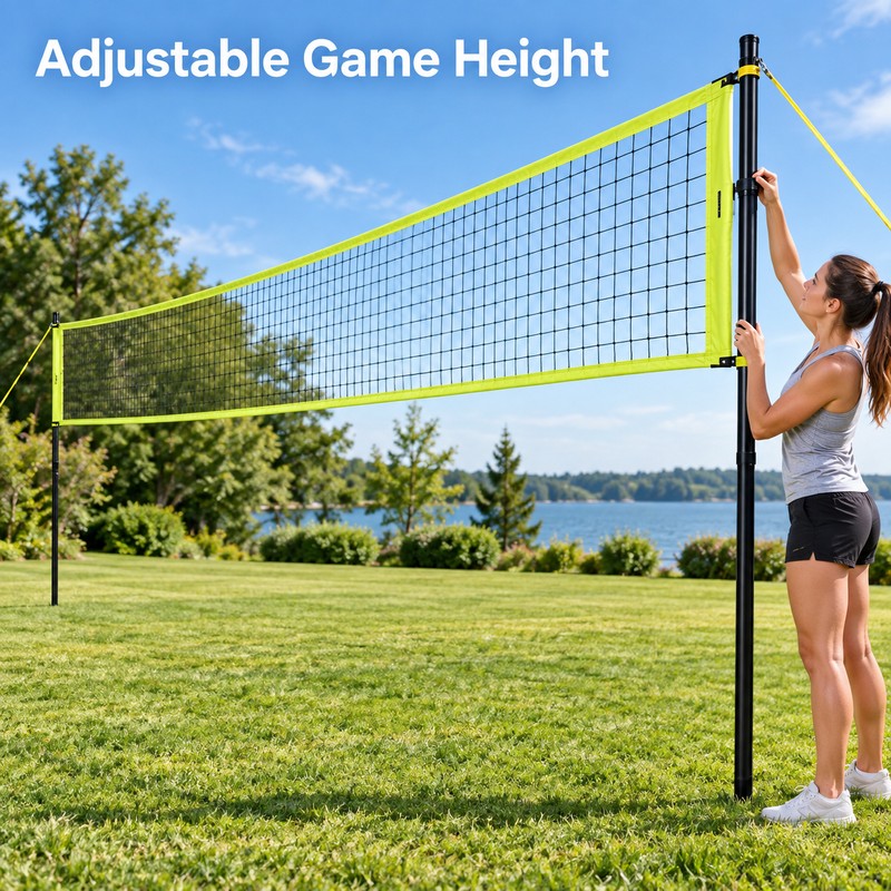 Adjustable Outdoor Volleyball Net System with Steel Poles, Ball, Pump,