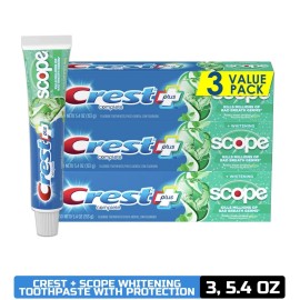 Crest + Scope Whitening Toothpaste - Pack of 3, 5.4 Oz Tubes - Anticavity Fluori