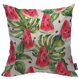 Mugod Slices of Watermelon Throw Pillow Exotic Tropical Fruit Leaves Seed Red Green Cotton Linen Square Cushion Cover Standard Pillowcase 18x18 Inch for Home Decorative Bedroom/Living Room/Car