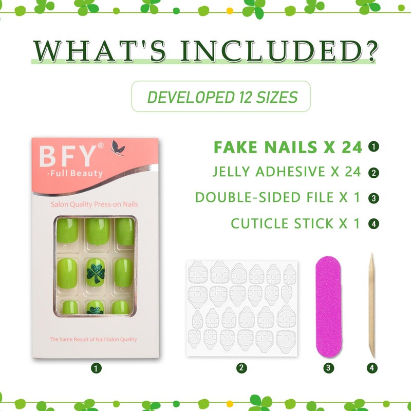 BFY Green Shamrock Press on Nails Medium Square St. Patrick's