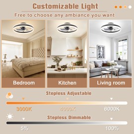 VOLISUN Fandelier Ceiling Fans with Lights and Remote, 15.7in Low Profile Ceiling Fan Flush Mount, 3000K-6500K Dimmable Bladeless LED Fan Light, Black Modern Ceiling Fans with Lights for Bedroom