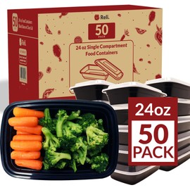 Reli. Meal Prep Containers, 24 oz. | 50 Pack | 1 Compartment Food Container w/Lids| Microwavable Food Storage Containers/To Go | Black Reusable Bento Box/Lunch Box Containers for Food/Meal Prep