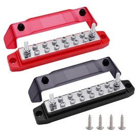 Ampper Power Distribution Block Bus Bar 12V, 2 x M6 (1/4") Studs & 12 x M4 (#8) Screws, 6.3" 150A Marine BusBar Battery Distribution Block W/Cover for Car Boat Solar (Red & Black)