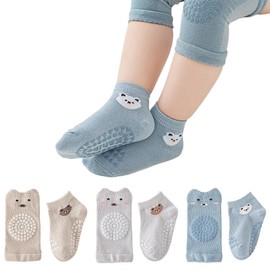 Separate Knieschoner Bodensocken, Baby Krabbelknieschoner + Baby Krabbelsocken, 3 Paar Anti-Rutsch-Gummipunkte Krabbler Baby Krabbelknieschoner Geeignet für 0-1 Jahre altes Baby
