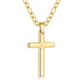 Fiusem Cross Necklace for Men, Stainless Steel Mens Cross Necklaces with 3.5mm Figaro Cross Chain, Small Gold Plated Cross Chain Necklace, 24Inch
