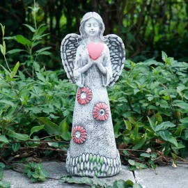 Solar-Powered Angel Statue with Flower Crown and Heart Light, Resin Angel Holding an Illuminated Heart for Yard or PatioColor: As picture, Size: One Size