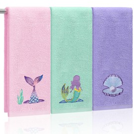 Mindsoft 3 Pcs Watercolor Mermaid Hand Towels 14 x 29 Inch Cotton Embroidered Mermaid Shell Beach Bathroom Towels Sea Ocean Bathroom Decorative for Home Drying Cleaning Cooking Gift