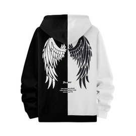 SHENHE Men's Color Block Wing Graphic Drawstring Hoodie Drop Shoulder Pullovers Streetwear Black and White Large