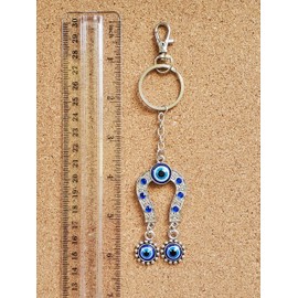 Bravo Team Horse Shoe with Blue Crystal Hanging Evil Eye Charms Keychain Ring w/Clasp - Sign of Good Fortune, Good Luck & Blessing - Home, Bags & Car Rear View Mirror Hanging Accessories