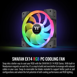 Thermaltake SWAFAN EX 14 RGB PC Cooling Fan, 3 Pack, 500~2000 RPM, Magnetic Connection, Reversable Blades, Controller Included, CL-F144-PL14SW-A, 140mm, Black