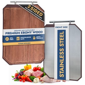 2-in-1 Wooden Cutting Board – 17.7"x11.8", Ebony & Stainless Steel – Double-Sided | Juice Groove | Handle for Hanging | Meat, Cheese, Veggies | BPA-Free & Dishwasher Safe