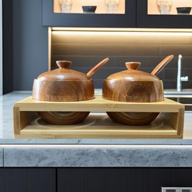 Generic Yaokingdom 2-Piece Wooden Seasoning Jar Set with Lid and Spoon and a Bamboo 2-Hole Collection Rack for Cooking Seasonings., 8.5cm, reddish brown, YK-cf202401