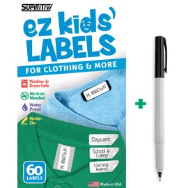 Ez Kids Clothing Labels + Permanent Marker | Self-Stick No-Iron Write-On | Great for Children & Adults | Washer & Dryer Safe | Camp, Nursing Care, Organizing, All Purpose | 1 Sheet 60 Blank Labels