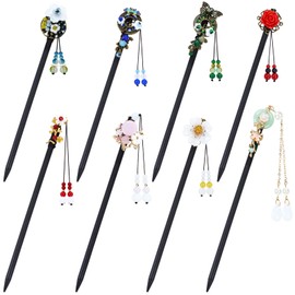 Yoosit 8 Pack Chinese Wood Hair Sticks Wooden Hairpin with Tassel Dangling Crystal Beads Long Straight Hair Chopstick Picks With Charm Fork Hair Slides Twist Bun Holder Hair Accessories for Women