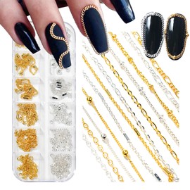 DANNEASY Nail Chains for Nail Art Gold and Silver Metal 3D Nail Charms Metal Nail Art Chains Punk Nail Studs Nail Jewelry Accessories for Women Nail Art Decoration (12 Strips 7.87in)