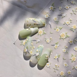 1Pcs Flower Nail Stickers for Nail Art 5D Green Leaf Flowers Nail Decals Embossed Cute Birds Nail Art Supplies Flower Charms with Design Spring Stickers for Women Girls Manicure Accessories