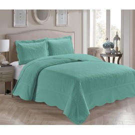 Better Home Style 3 Piece Luxury Ultrasonic Embossed Solid Quilt Coverlet Bedspread Oversized Bed Cover Set # Veronica (King/Cal-King, Light Blue)