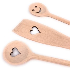 Balna Cooking Spoon Set Wooden Cooking Spoon Wooden Heart Gift Ideal for Wedding Valentine's Day Birthday Lovers Kitchen Set 2 Wooden Spoons + 1 Spatula Beech Wood 30 cm