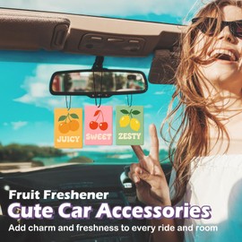 Dimurela Preppy Fruits Car Air Freshener Accessories 3pcs, Orange Lemon Cherry Hanging Air Fresheners Decor for Girly Room Closet, Trendy Summer Scent Fruit Fragrance Card for Women Girls Kitchen