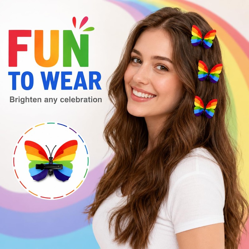 16 Pcs Rainbow Butterfly Hair Clips, Gay Pride 3D Hair