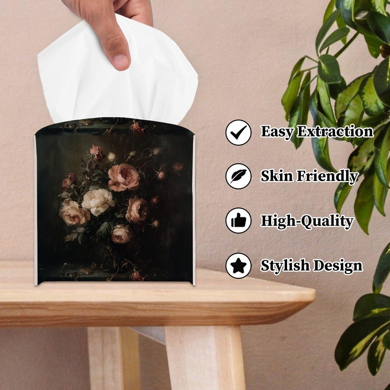 Moody Rose Bouquet Black Tissue Box Cover Square