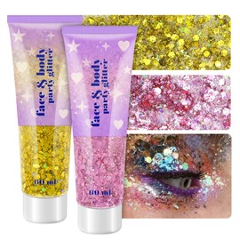 Holographic Face Glitter Gel, 120ml Body Shimmer Makeup for for Hair, Face, Arm, Nail, Eyeshadow, 2 Jars Long Lasting Waterproof Iridescent Sequins Party Glitter for Rave Festival (Gold & Pink)