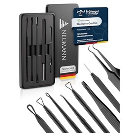 NEUMANN Blackhead Remover Set (Stainless Steel) for Removing Pimples, Blackheads etc. - Comedone Squeezer, Lifter, Remover - Various Tools: Loops, Tweezers, Lancet [Black]