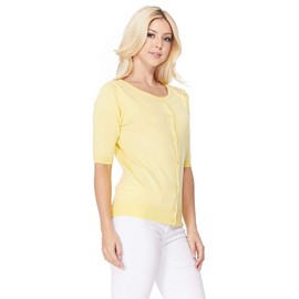 YEMAK Women's Knit Cardigan Sweater – Short Half Sleeve Crewneck Basic Classic Casual Button Down Soft Lightweight Top MK3467-YEL-M Yellow