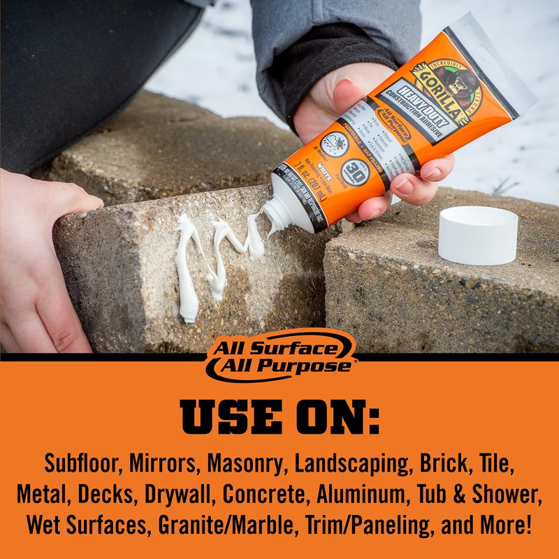 Gorilla Heavy Duty Construction Adhesive, 7 Ounce Squeeze Tube, White,