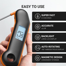 ThermoMaven Professional Meat Thermometer, Instant Read in 0.5 Sec, NIST Certified Accuracy ±0.5°F, IP67 Waterproof, Ambidextrous Backlight, Auto-Rotating Display, for BBQ/Grill/Cooking, Black&Orange