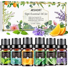 Aeshory 6 x 10ml Essential Oils Set 100% Pure Therapeutic Grade, Aromatherapy Essential Oil for Diffusers for Home - Lemon, Lavender, Tea Tree, Eucalyptus, Orange, Peppermint