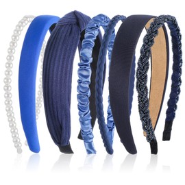 ElevateTech Blue Headbands for Women Girls, 7 Pcs Different Navy Blue Knotted Hair Band for Women Non Slip Pearl Head Bands for Thick Thin Hairs Fashion Hair Accessories Set