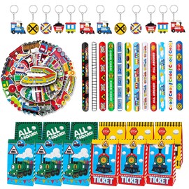 Train Party Bags, Train Birthday Party Accessories, 86 Pieces Train Party Accessories, Includes 12 Train Key Chains, 12 Slap Bracelets, 12 Gift Bags, 50 Pieces Stickers, for Decoration, Gifts