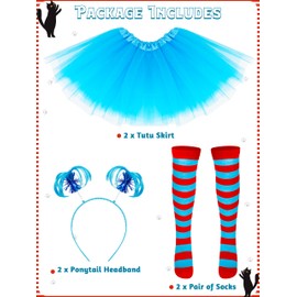 Luces 2 Set Blue Cosplay Outfit, Tutu Costume Set for Girls, Tutu Skirt Ponytail Headband Stripes Socks for Costume Party