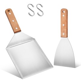 Herogo Grill Spatula Set, 2 Pieces Stainless Steel Plancha Spatula and Large Grill Spatula for Smash Burgers, Teppanyaki, BBQ Accessories, Grill Gifts for Men, Dishwasher Safe - Wooden Handle
