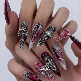 24-piece set European and American hot girls wear nail tips dark cross nail art nail tips hot silver smudge fake nails nail tips
