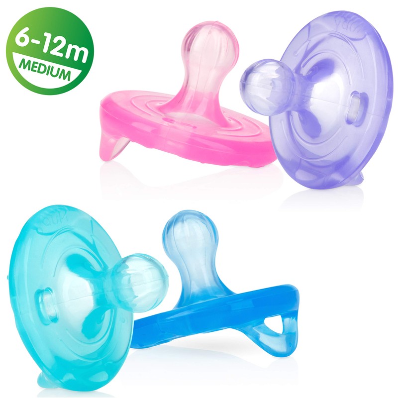 Nuby 2 Piece 100% Silicone Cherry/Natural Shape Pacifiers, 6-12 Months