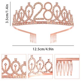 Rose Gold 28th Birthday Crown and Sash Girls 28th Birthday Decoration Rhinestone Birthday Tiara Princess Crown Queen Tiara Birthday Sash Girls 28th Birthday Decoration Party Clothing Accessories,