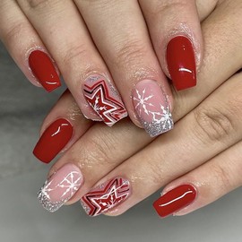Christmas Press on Nails Short Square Acrylic Glossy Full Cover Square Shaped Winter Red False Nails with Snowflake Star Designs Artificial Square Xmas Holiday Glue ons Fingernails for Women Girls